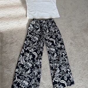 White Top and Black Floral Pants Set